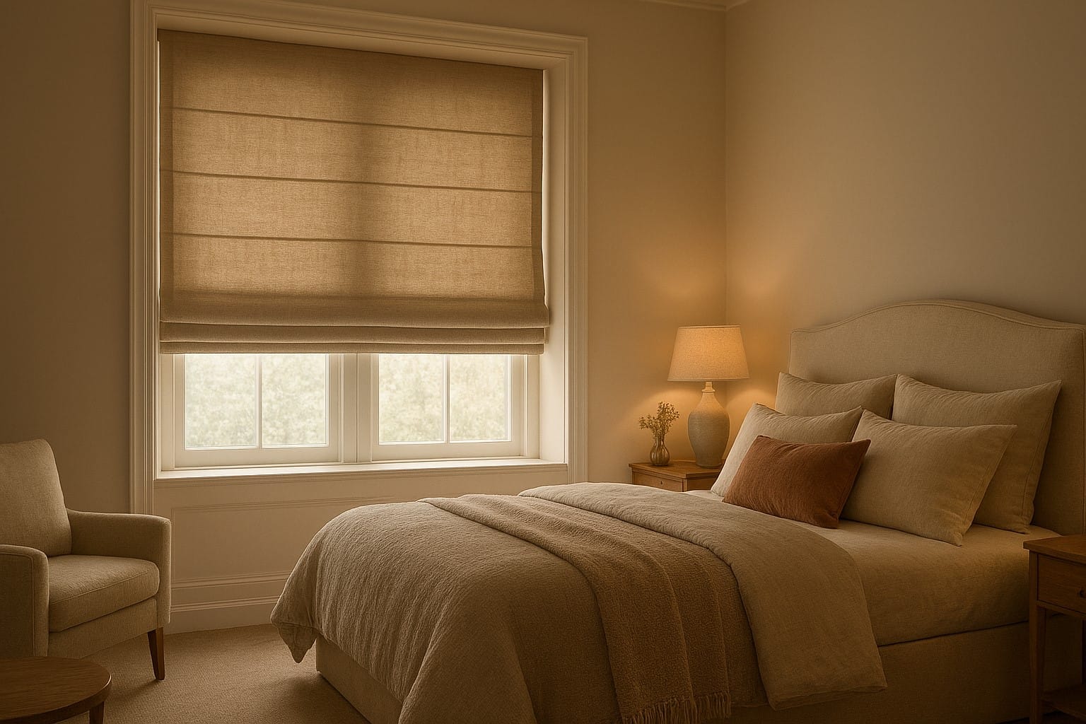bedroom with luxurious Roman blinds