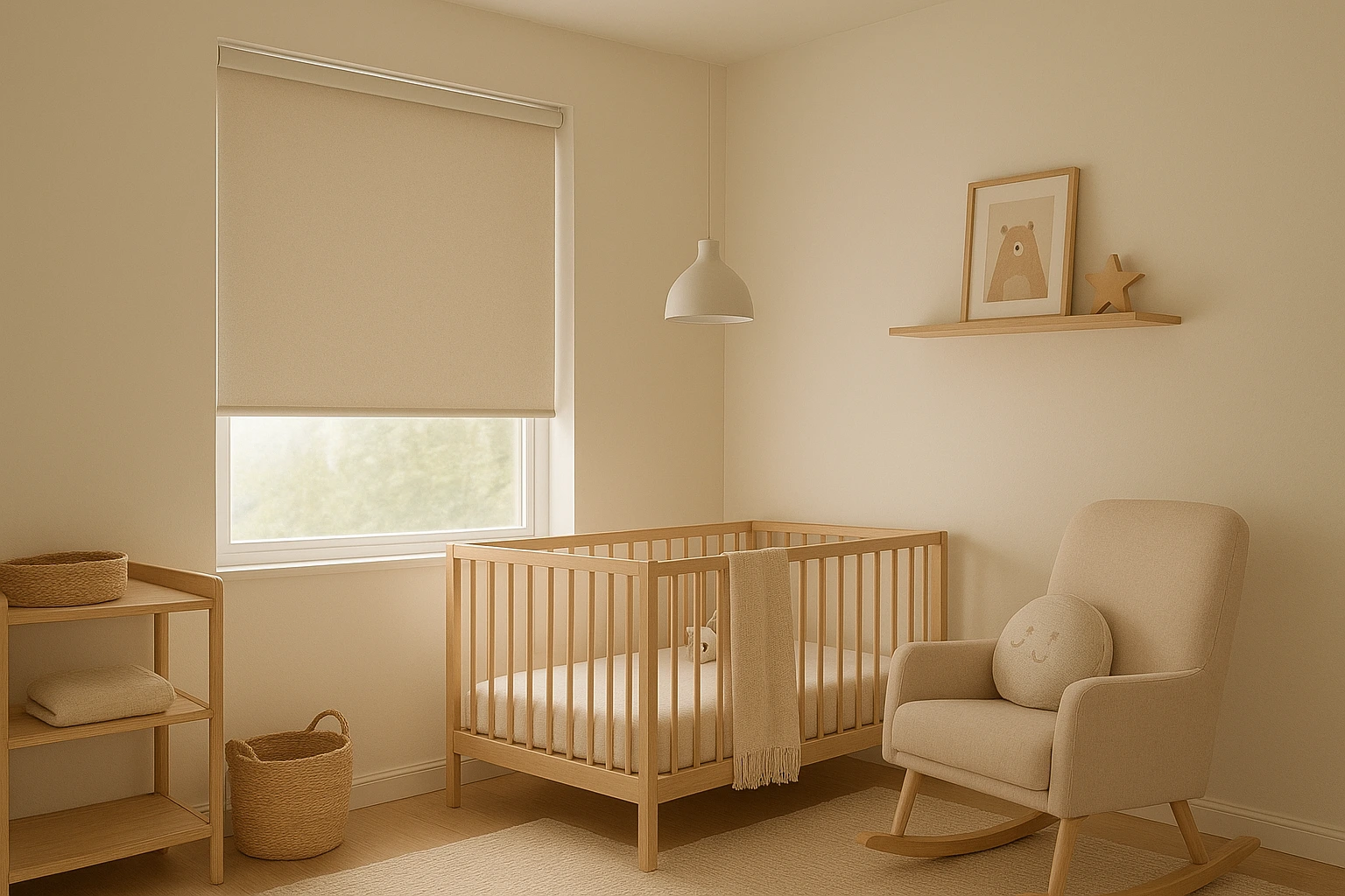 Nursery with motorized blackout blinds