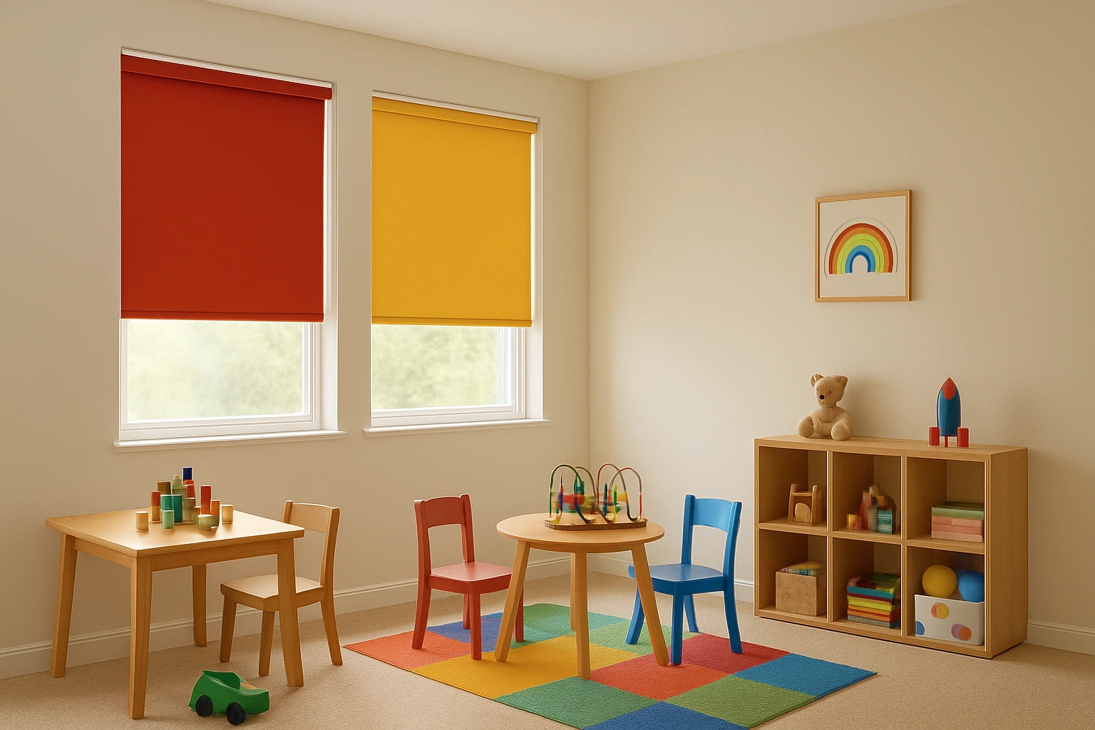 Playroom with colourful roller blinds