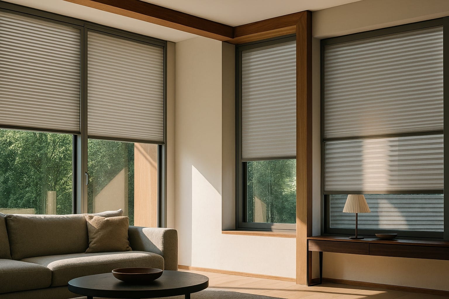 Made-to-measure blinds enhancing architectural windows with natural light and structural flow