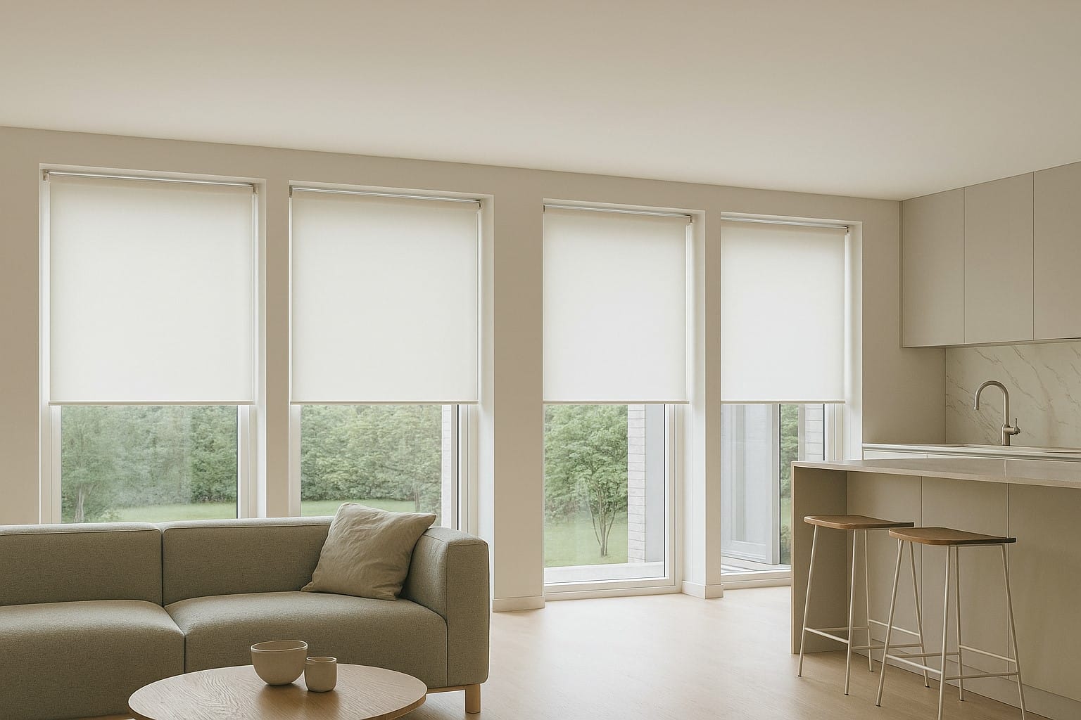 A bright, contemporary home extension with full-height glass doors fitted with sleek made-to-measure roller blinds.